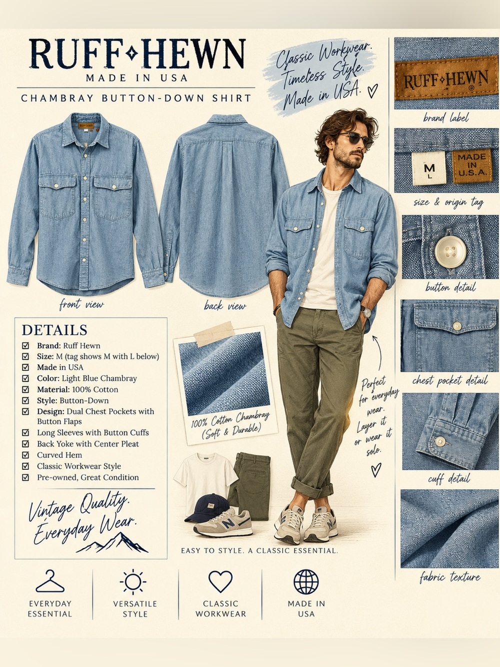 Vintage Ruff Hewn Chambray Shirt Men M Made USA Cotton Workwear